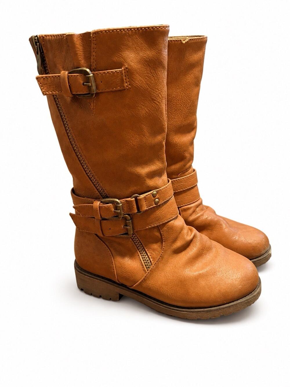 Dream Pairs Girls Size 12 Brown Mid Calf Riding Boots Fleece Lined Buckle Zip
